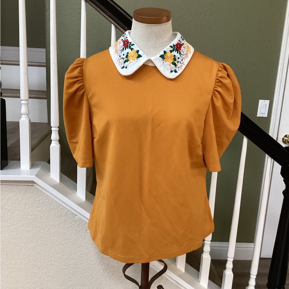 Embroidered Collar Mustard Top